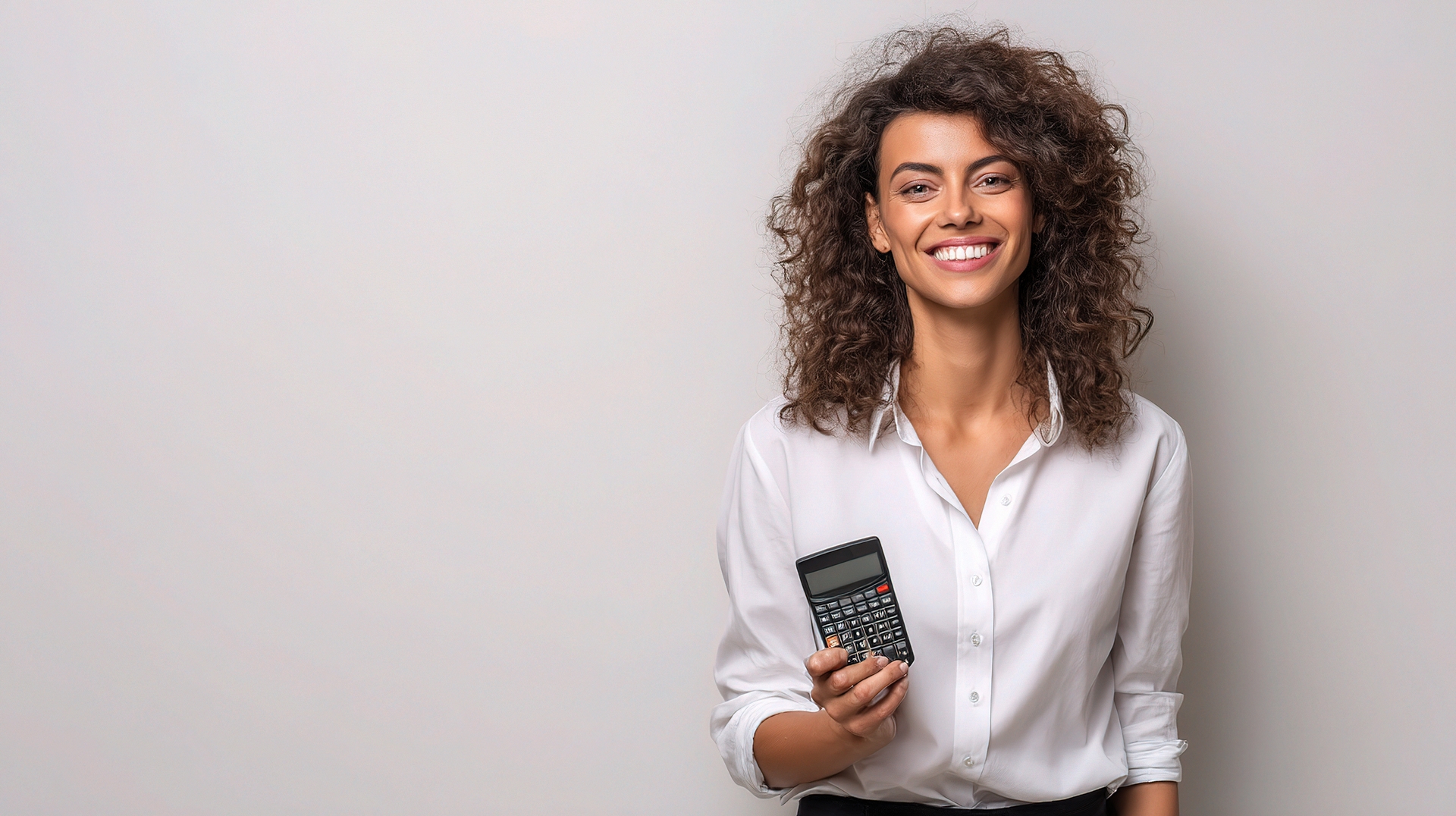 Professional woman accountant holding calculator and smiling